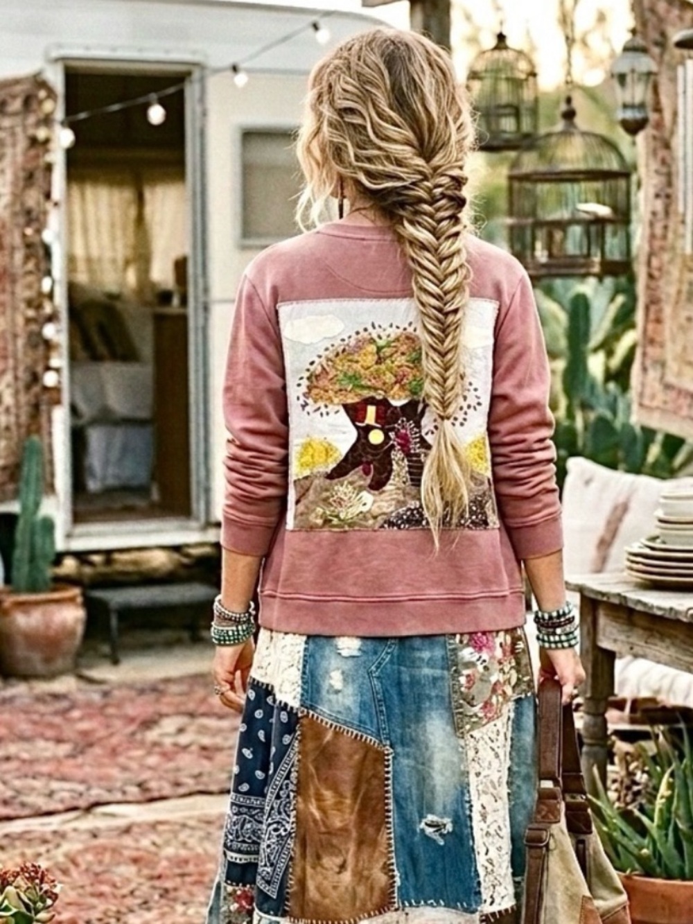 Artisan TREE patchwork wearable ART rustic back detailing on boho jacket sweater